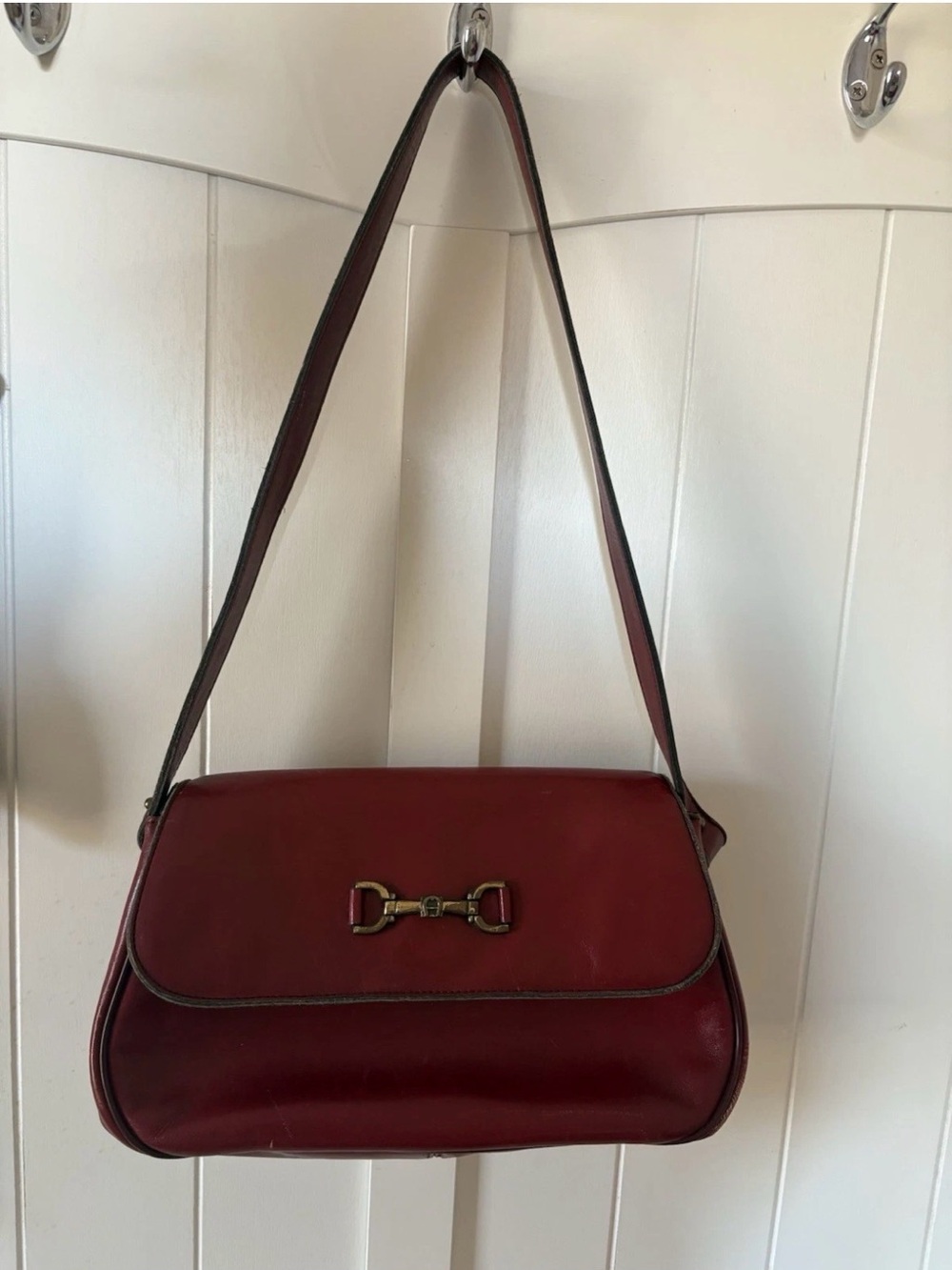 Elegant Red Leather Shoulder Bag with Gold Hardware